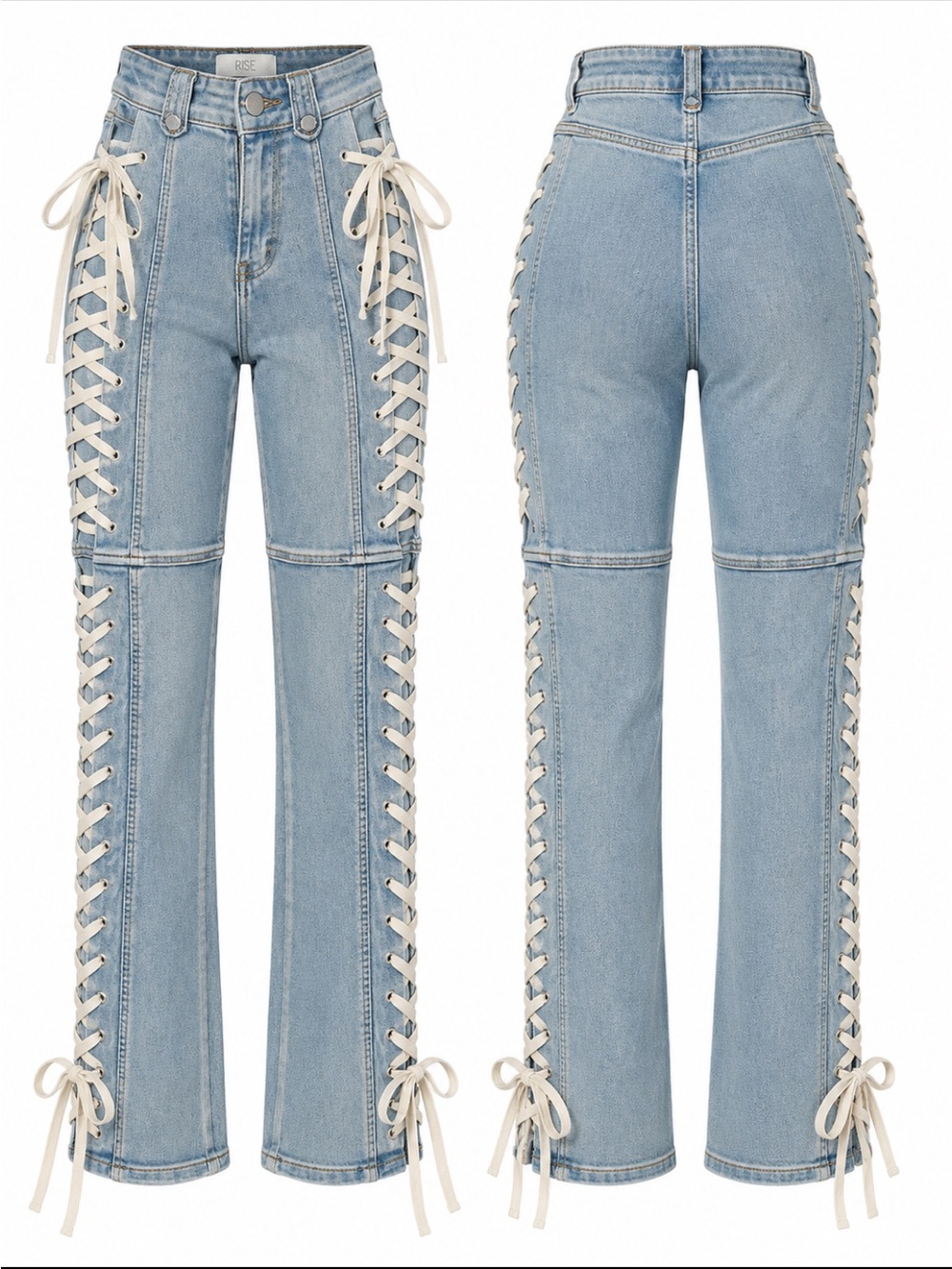 RISE Juniors  size 3 Light Wash Lace-Up Side, Denim Jeans High Rise 31” Inseam